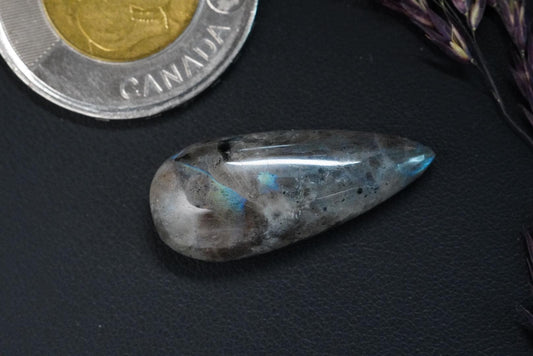 Cabochon de labradorite, 28 x 12 mm, forme poire faite à la main, originaire de Terre-Neuve-et-Labrador, Canada