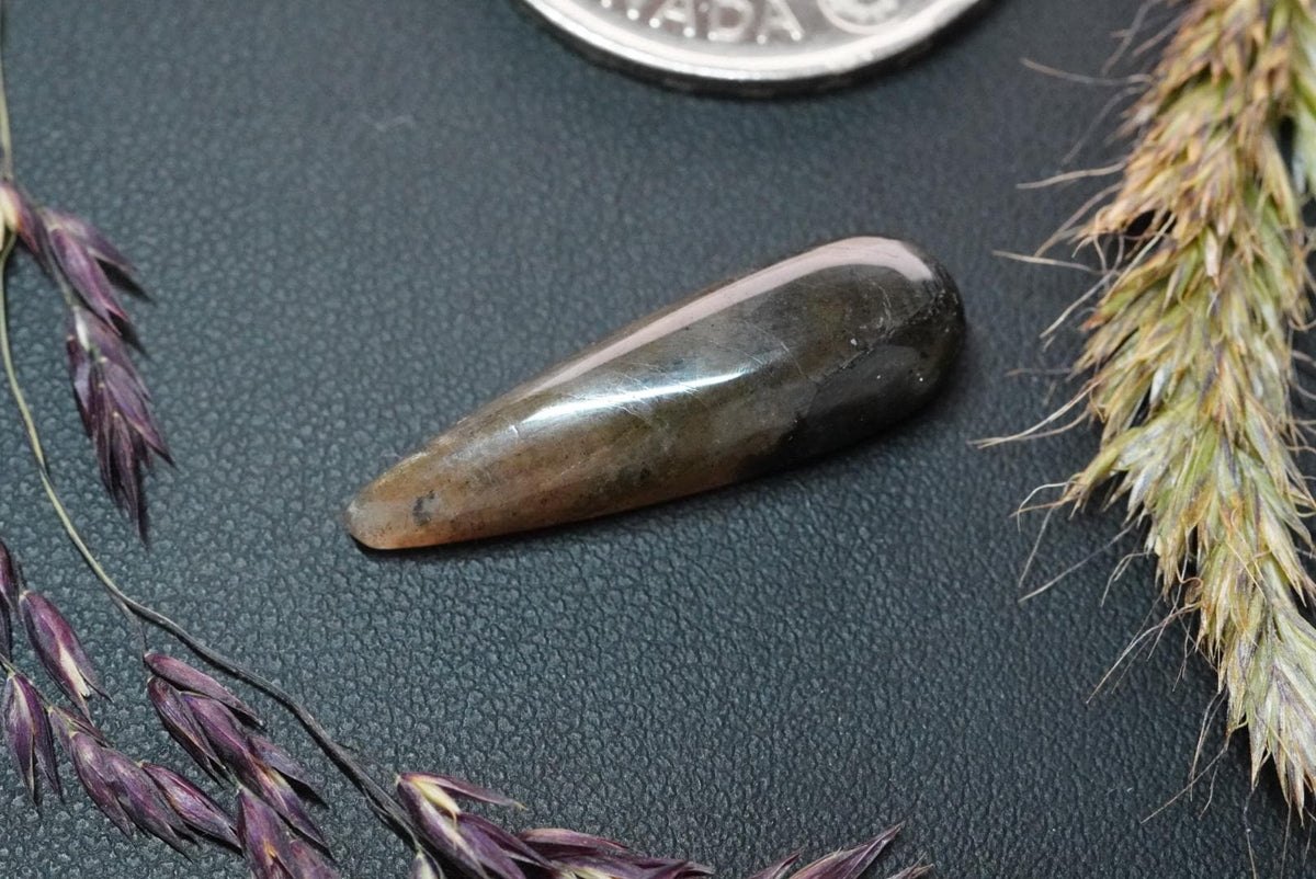 Labradorite Cabochon, 27 x 8 mm, Handmade Pear, from Newfoundland and Labrador, Canada