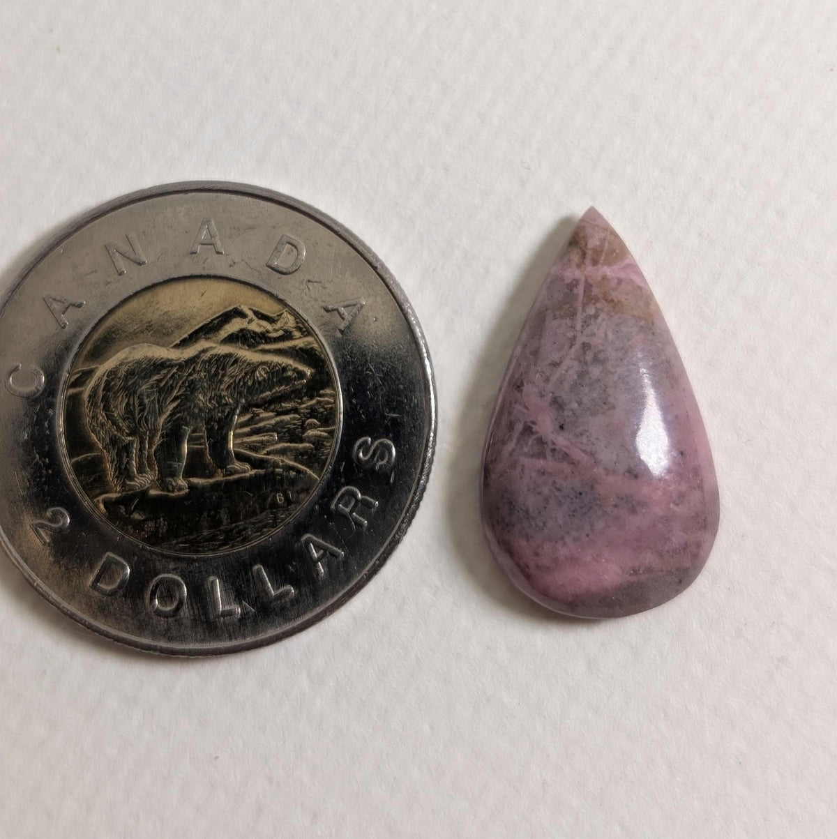 Rhodonite Cabochon, 24 x 14 mm, Handmade Pear, from British Columbia, Canada