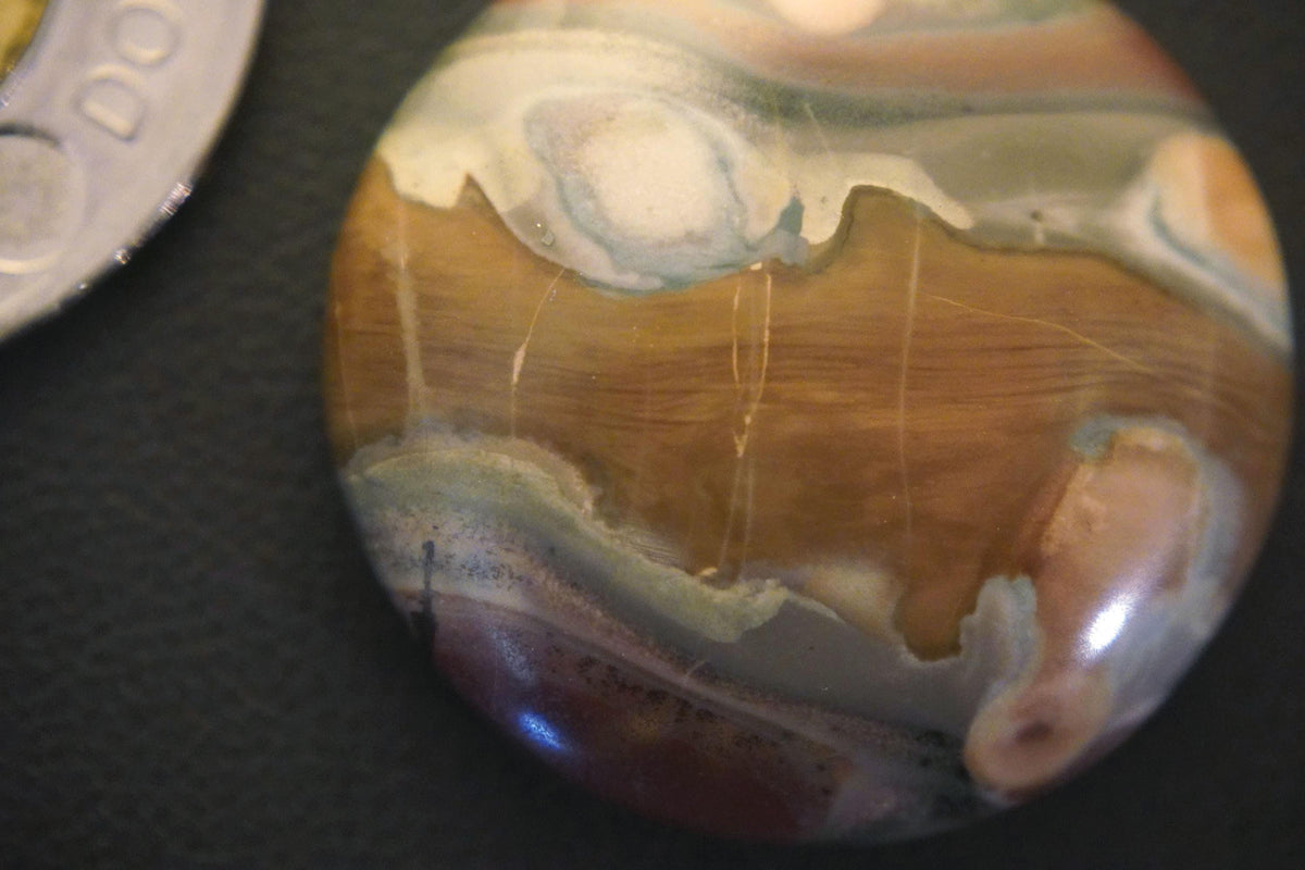 Picture Jasper Cabochon, 28 x 7 mm, Handmade Round, from Newfoundland and Labrador, Canada