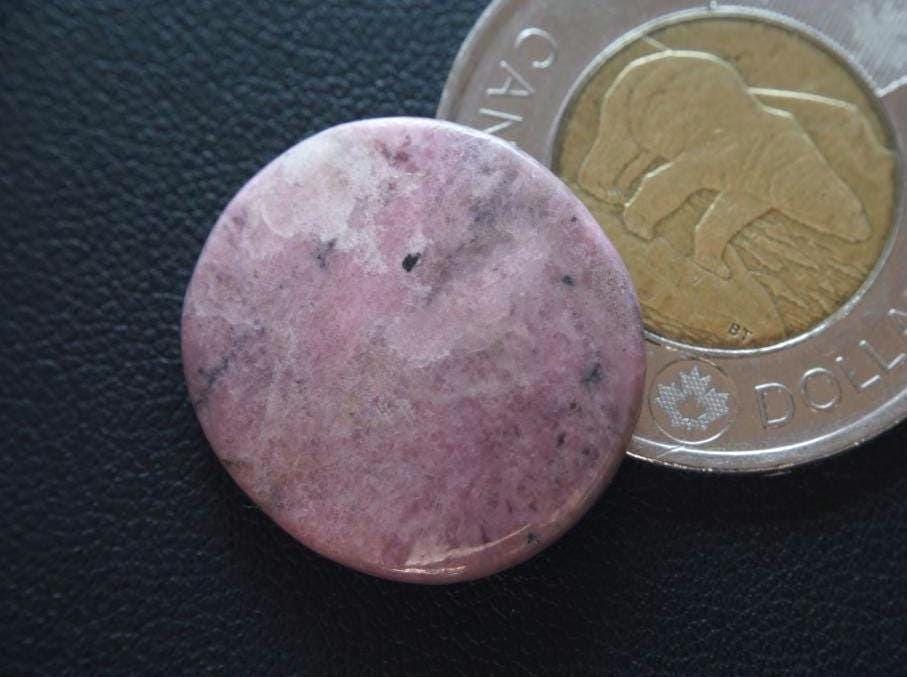 Rhodonite Cabochon, 22 x 4 mm, Handmade Round, from British Columbia, Canada