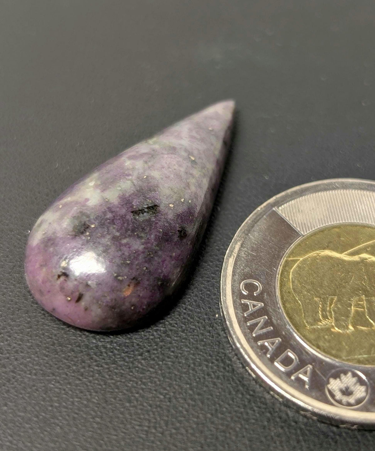 Corundum-Sapphire Cabochon, 33 x 16 mm, Handmade Pear, from Newfoundland and Labrador, Canada