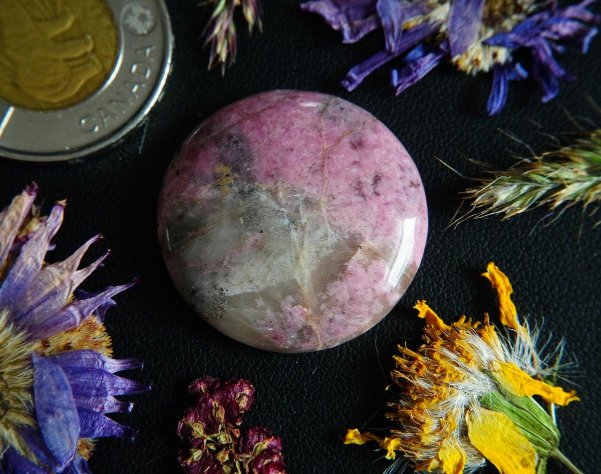 Rhodonite Cabochon, 30 x 6.5 mm, Handmade Round, from British Columbia, Canada