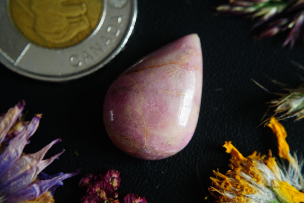 Rhodonite Cabochon, 24 x 16 mm, Handmade Pear, from British Columbia, Canada