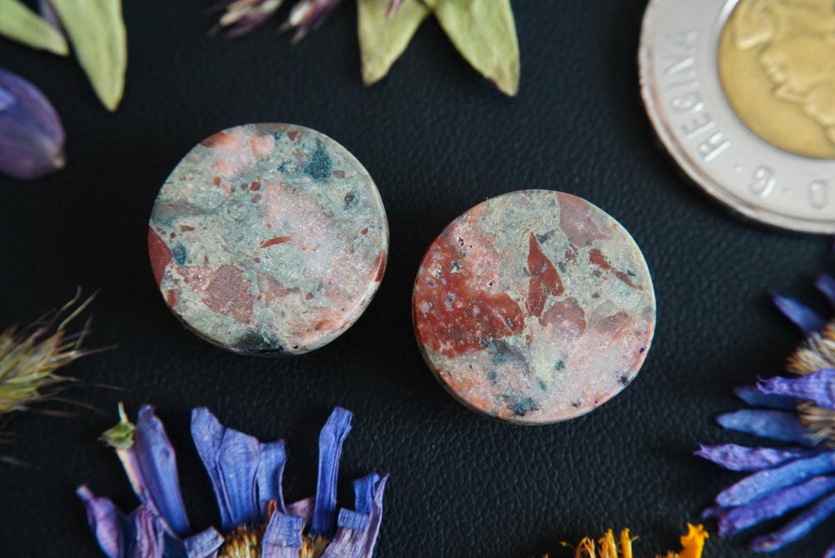 Jasper Breccia Cabochons, 17 x 7 mm, Handmade Round Pair, from Newfoundland Labrador, Canada