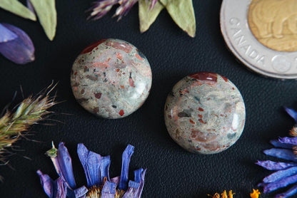 Jasper Breccia Cabochons, 17 x 7 mm, Handmade Round Pair, from Newfoundland Labrador, Canada