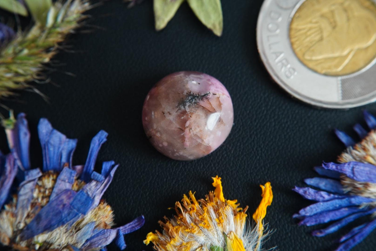 Rhodonite Cabochon, 16 x 8.5 mm, Handmade Round, from British Columbia, Canada