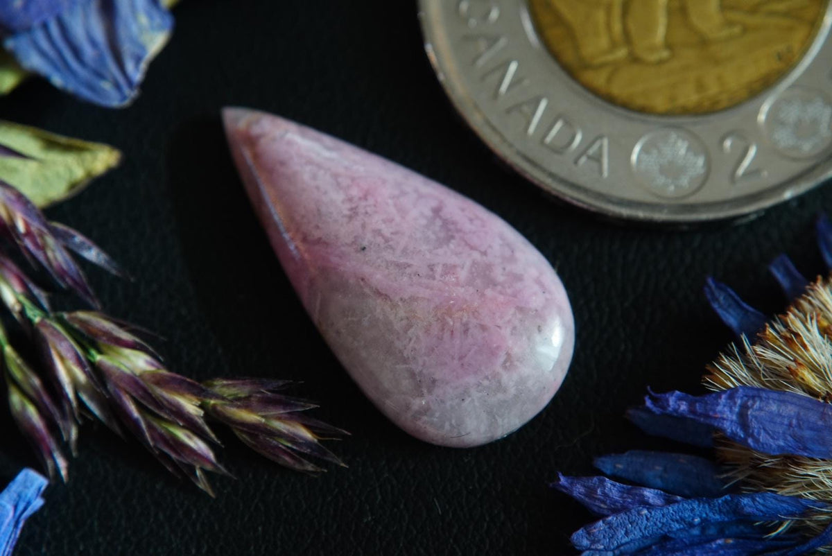 Rhodonite Cabochon, 24 x 12 mm, Handmade Pear, from British Columbia, Canada