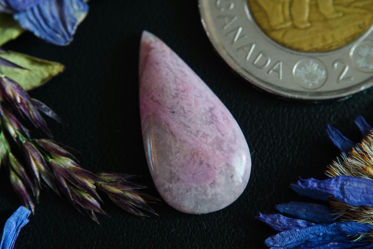 Rhodonite Cabochon, 24 x 12 mm, Handmade Pear, from British Columbia, Canada