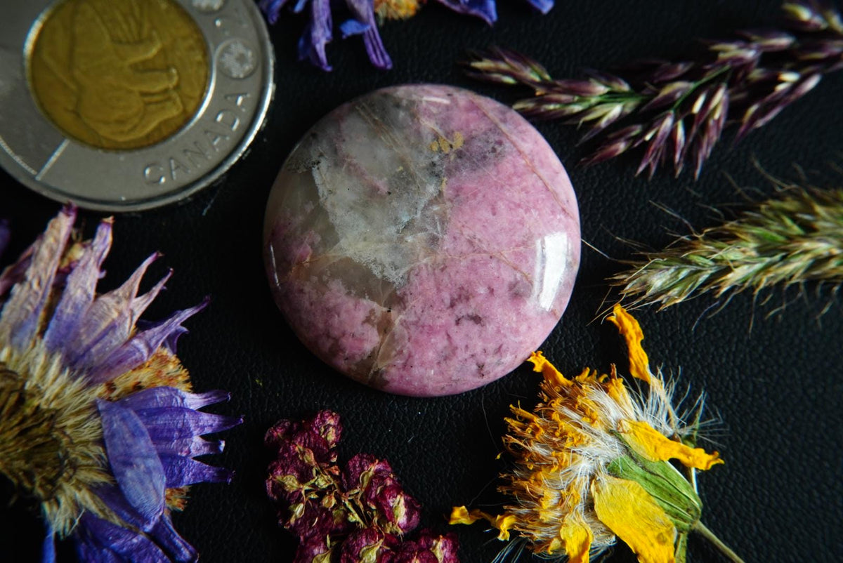Rhodonite Cabochon, 30 x 6.5 mm, Handmade Round, from British Columbia, Canada
