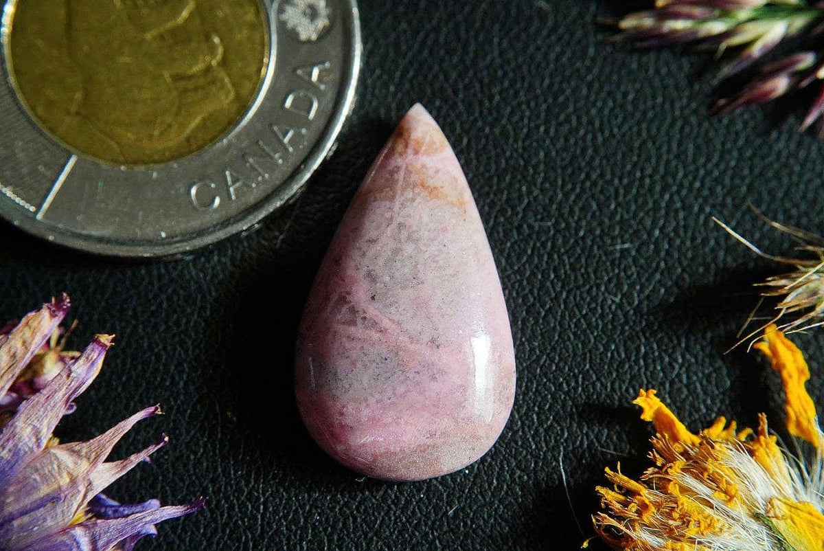 Rhodonite Cabochon, 24 x 14 mm, Handmade Pear, from British Columbia, Canada