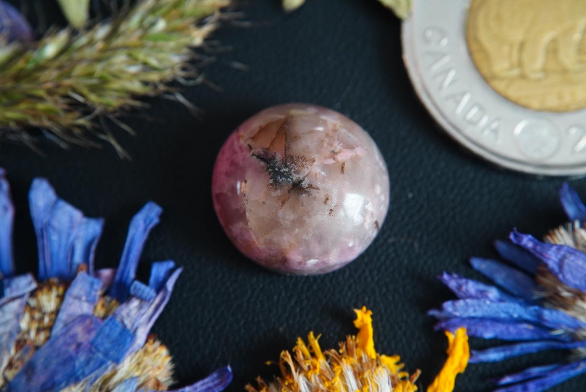 Rhodonite Cabochon, 16 x 8.5 mm, Handmade Round, from British Columbia, Canada