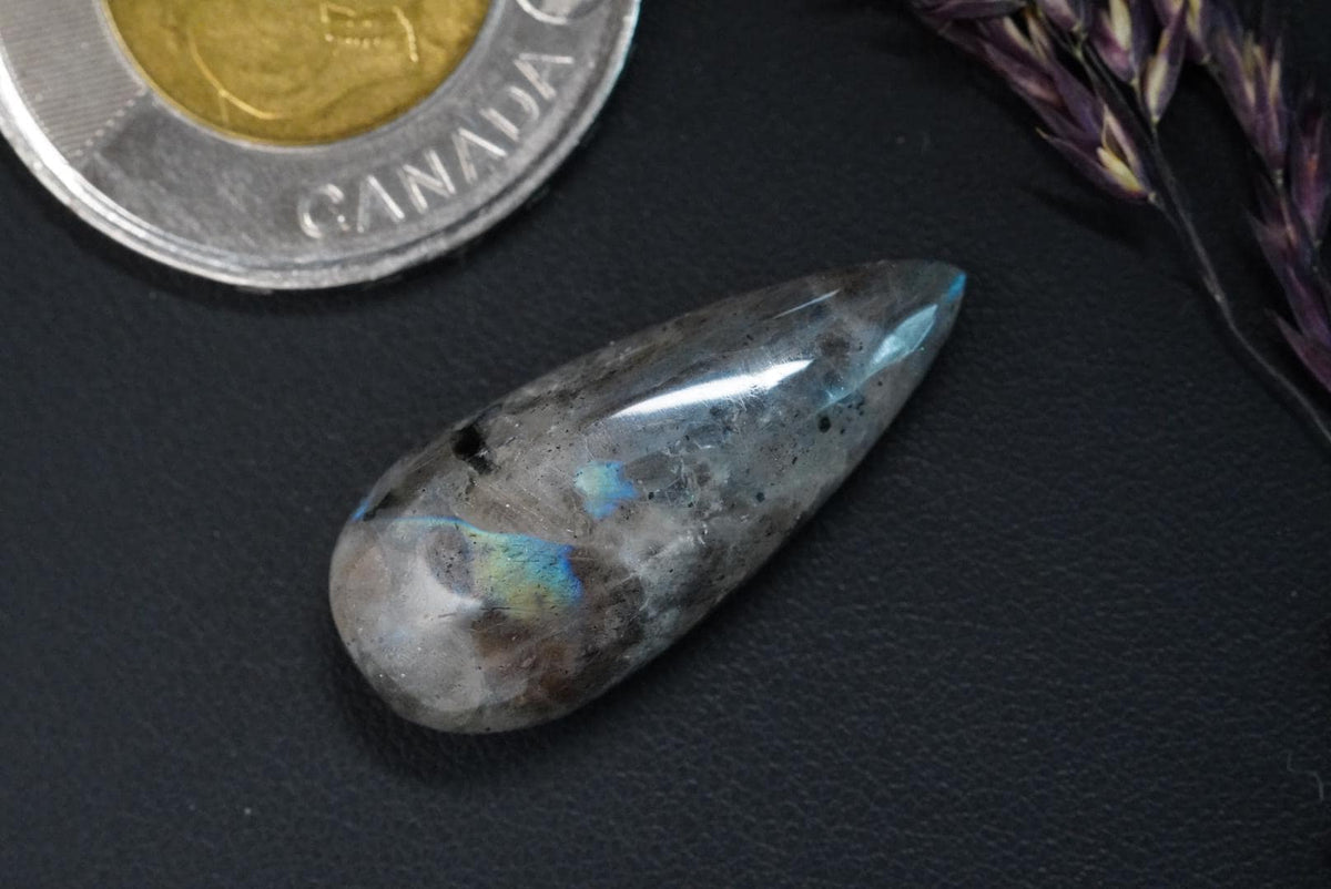 Labradorite Cabochon, 28 x 12 mm, Handmade Pear, from Newfoundland and Labrador, Canada