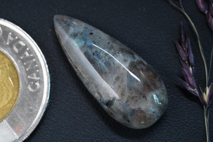 Labradorite Cabochon, 28 x 12 mm, Handmade Pear, from Newfoundland and Labrador, Canada