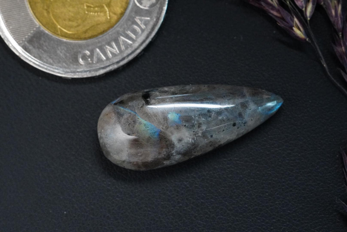 Labradorite Cabochon, 28 x 12 mm, Handmade Pear, from Newfoundland and Labrador, Canada