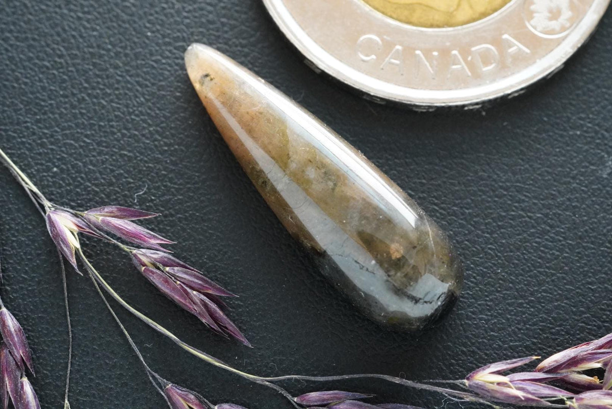 Labradorite Cabochon, 27 x 8 mm, Handmade Pear, from Newfoundland and Labrador, Canada