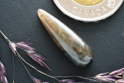 Labradorite Cabochon, 27 x 8 mm, Handmade Pear, from Newfoundland and Labrador, Canada