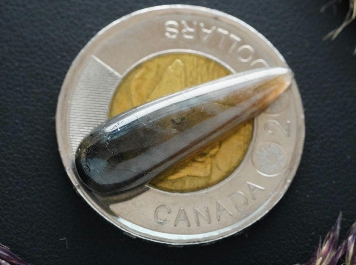 Labradorite Cabochon, 27 x 8 mm, Handmade Pear, from Newfoundland and Labrador, Canada