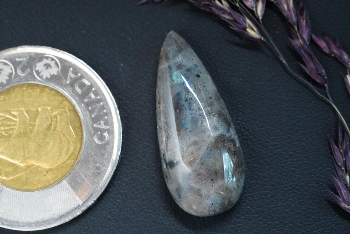 Labradorite Cabochon, 28 x 12 mm, Handmade Pear, from Newfoundland and Labrador, Canada