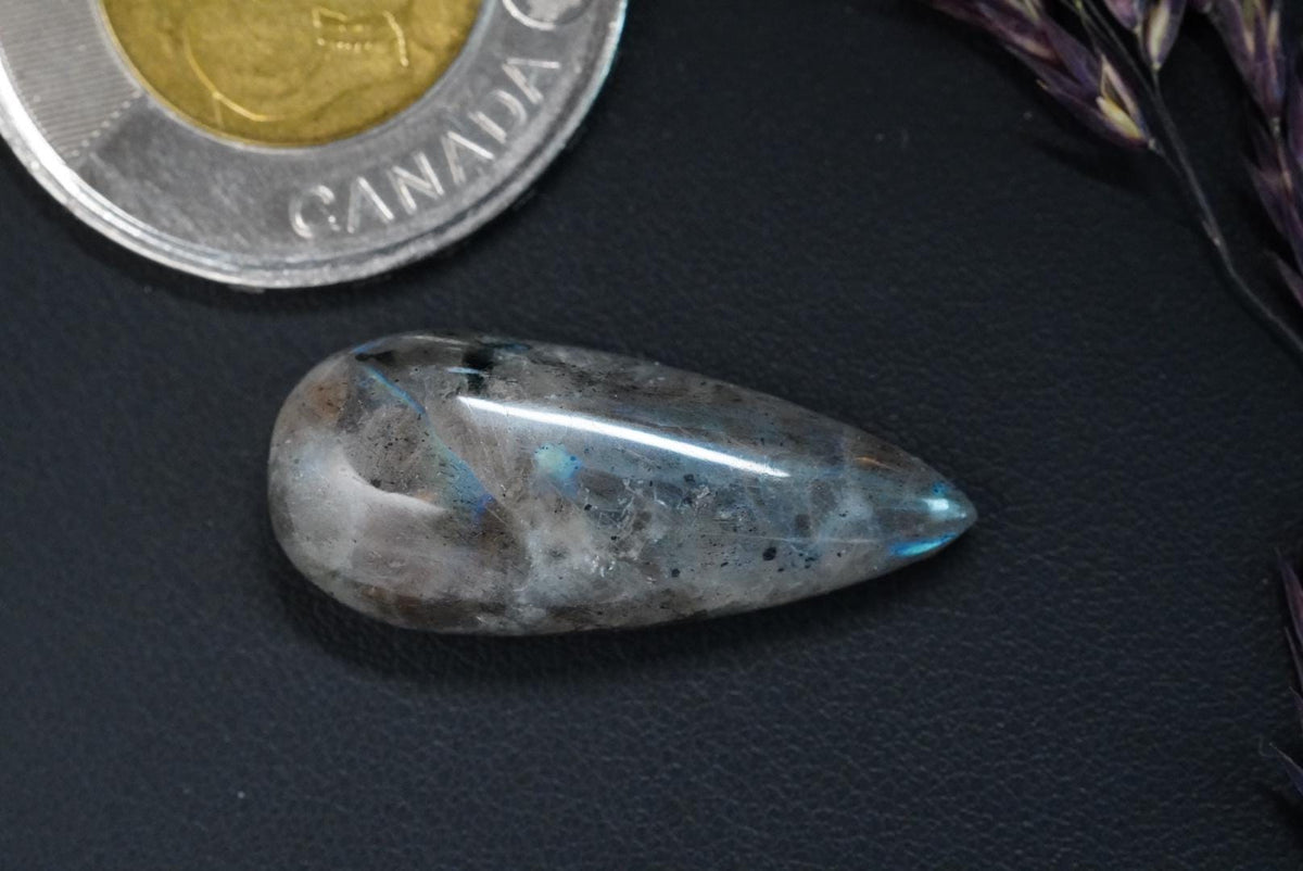 Labradorite Cabochon, 28 x 12 mm, Handmade Pear, from Newfoundland and Labrador, Canada