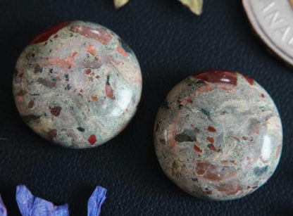 Jasper Breccia Cabochons, 17 x 7 mm, Handmade Round Pair, from Newfoundland Labrador, Canada