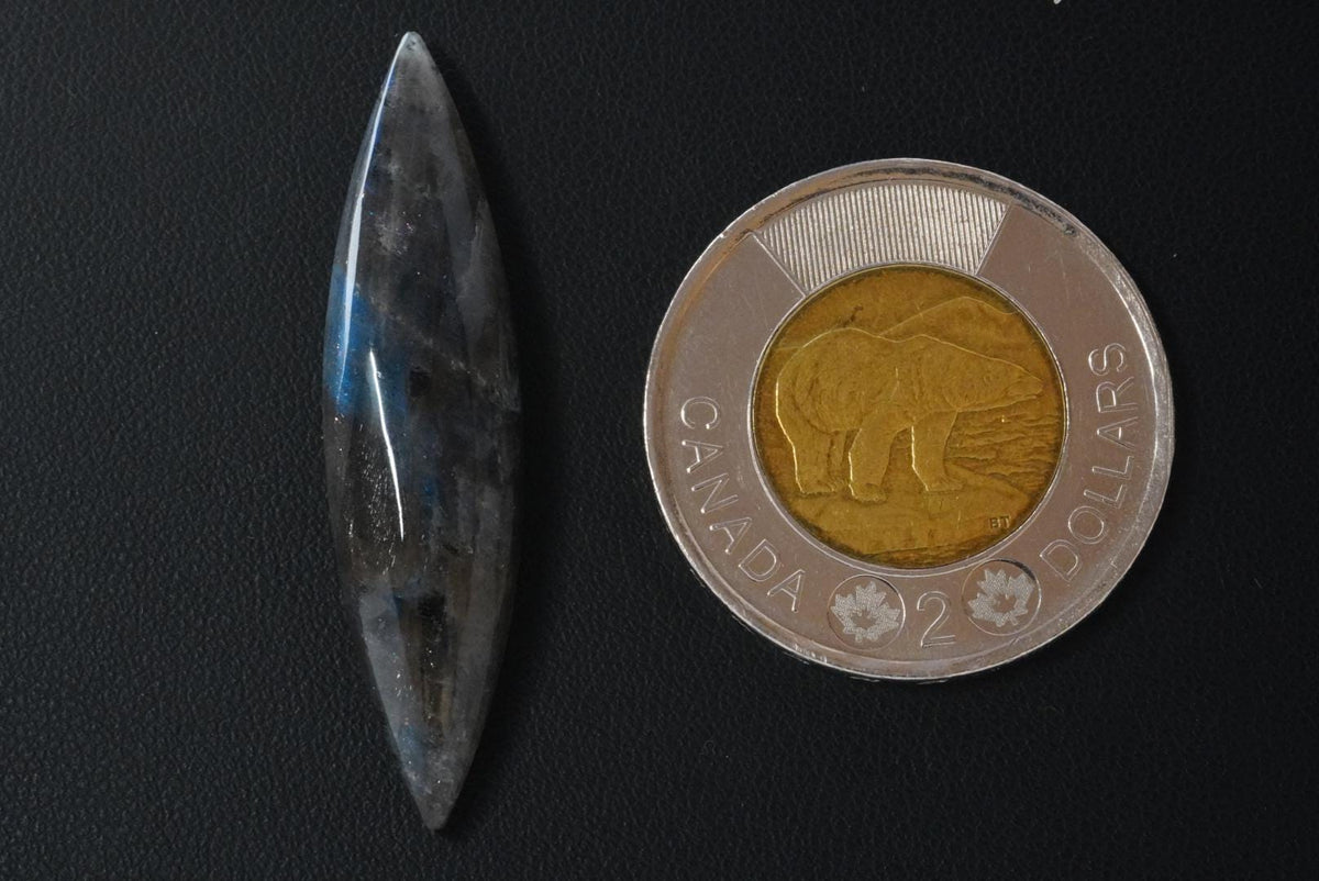 Labradorite Cabochon, 43 x 10 mm, Handmade Marquise, from Newfoundland and Labrador, Canada