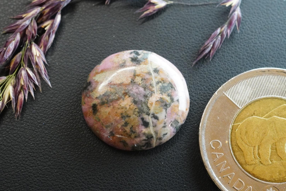 Rhodonite Cabochon, 20 x 5 mm, Handmade Round, from British Columbia, Canada