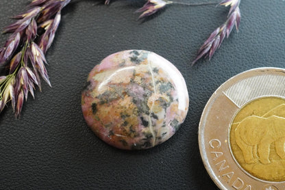 Rhodonite Cabochon, 20 x 5 mm, Handmade Round, from British Columbia, Canada