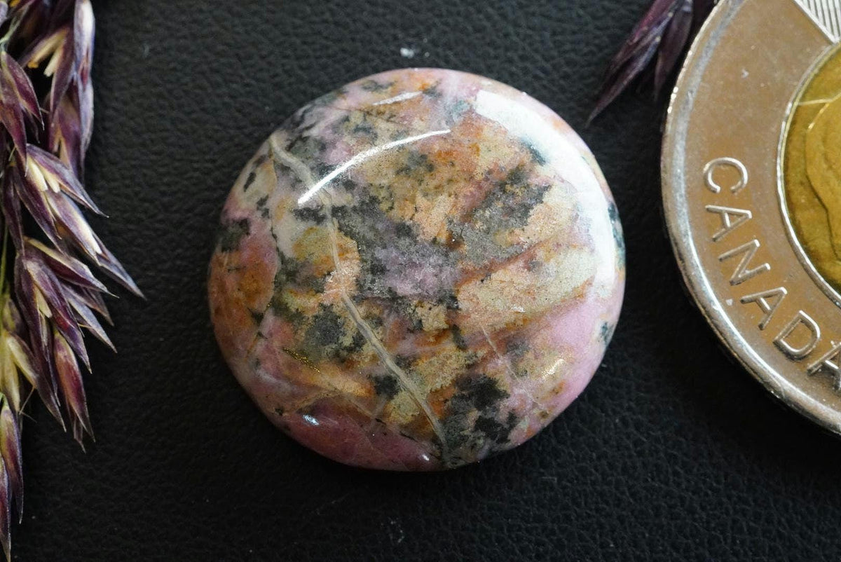 Rhodonite Cabochon, 20 x 5 mm, Handmade Round, from British Columbia, Canada