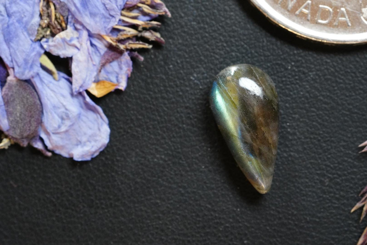 Labradorite Cabochon, 15 x 8 mm, Handmade Pear, from Newfoundland and Labrador, Canada