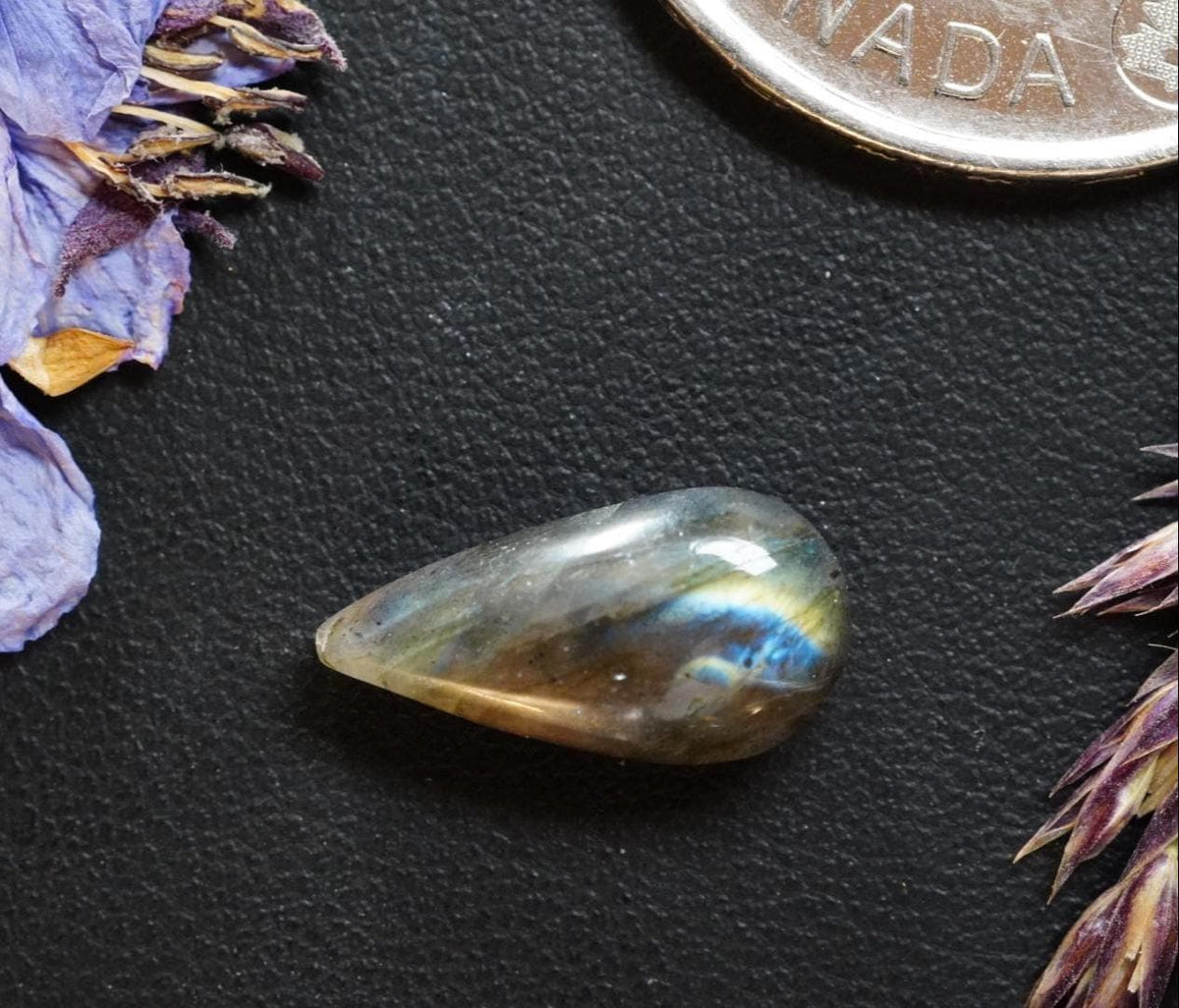 Labradorite Cabochon, 15 x 8 mm, Handmade Pear, from Newfoundland and Labrador, Canada