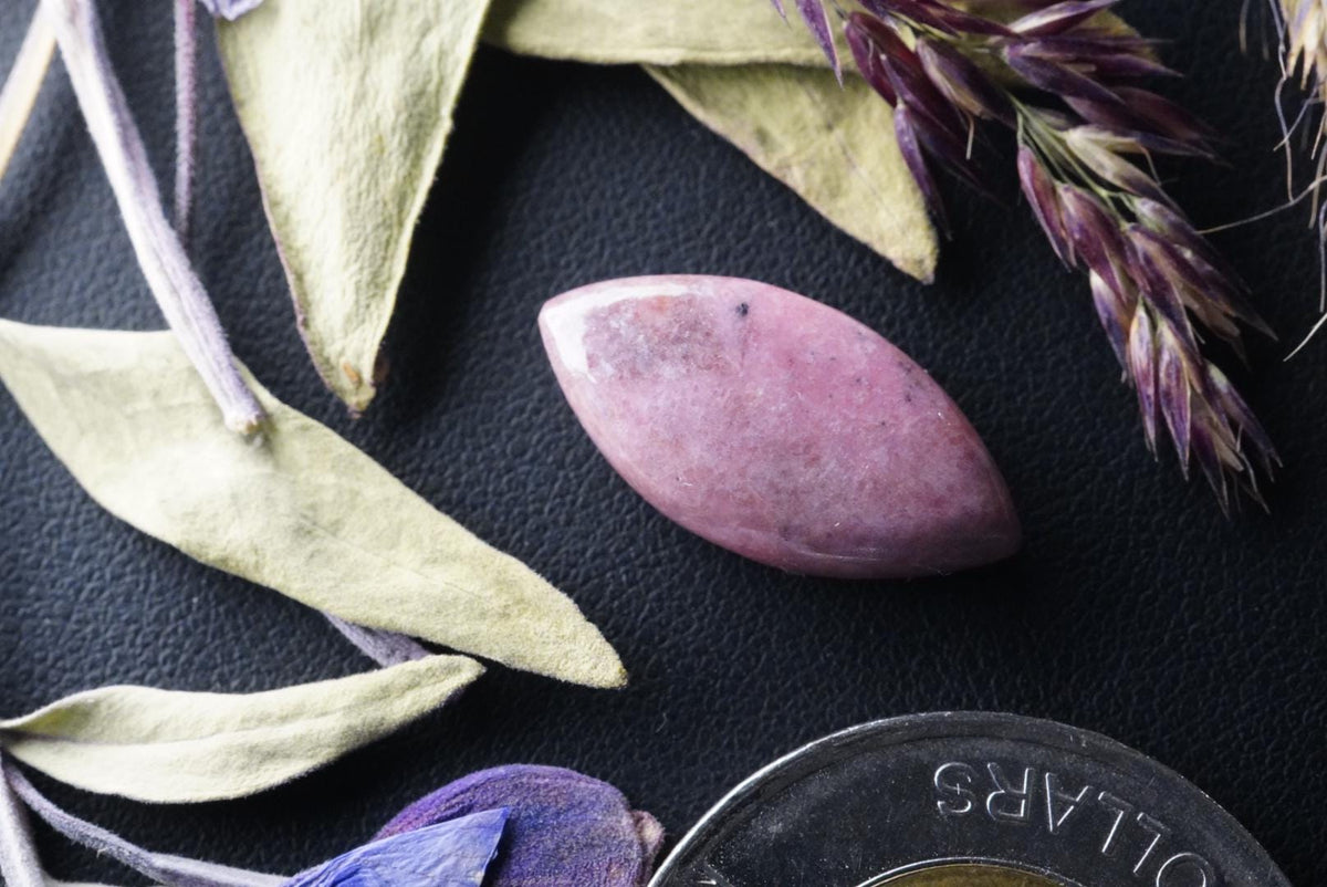 Rhodonite Cabochon, 20 x 10 mm, Handmade Marquise from British Columbia, Canada