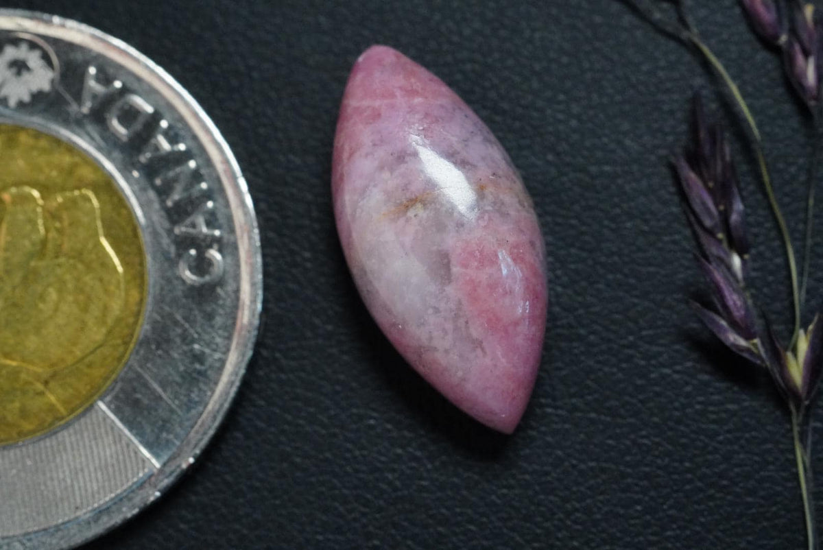 Rhodonite Cabochon, 21 x 10 mm, Handmade Marquise, from British Columbia, Canada