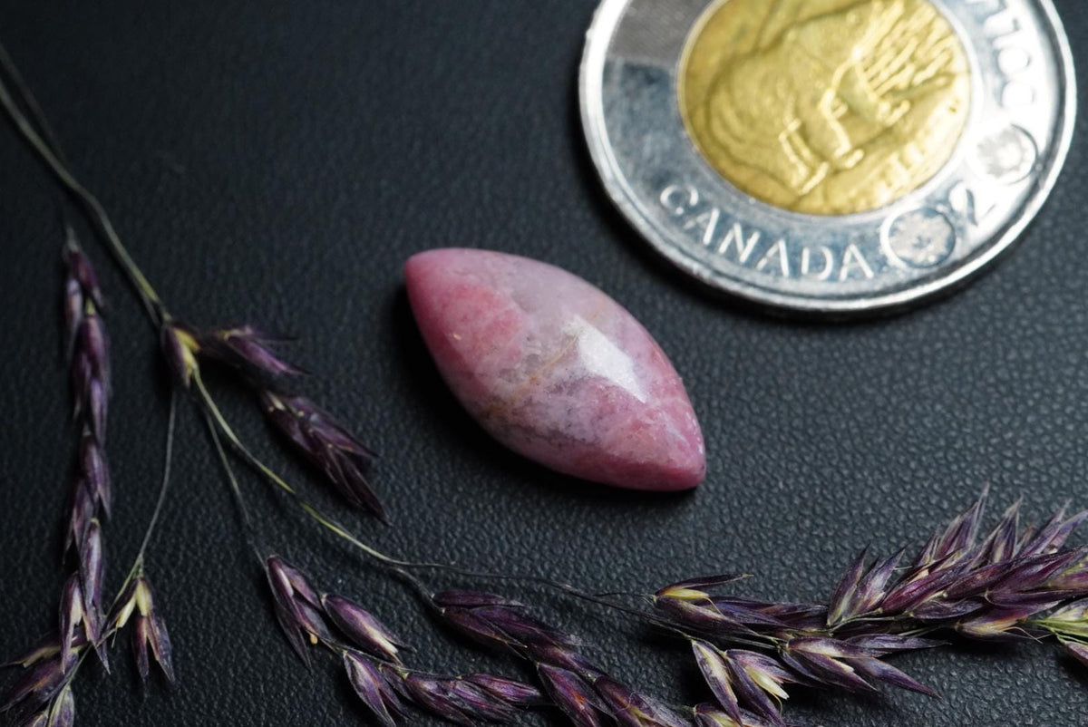 Rhodonite Cabochon, 21 x 10 mm, Handmade Marquise, from British Columbia, Canada