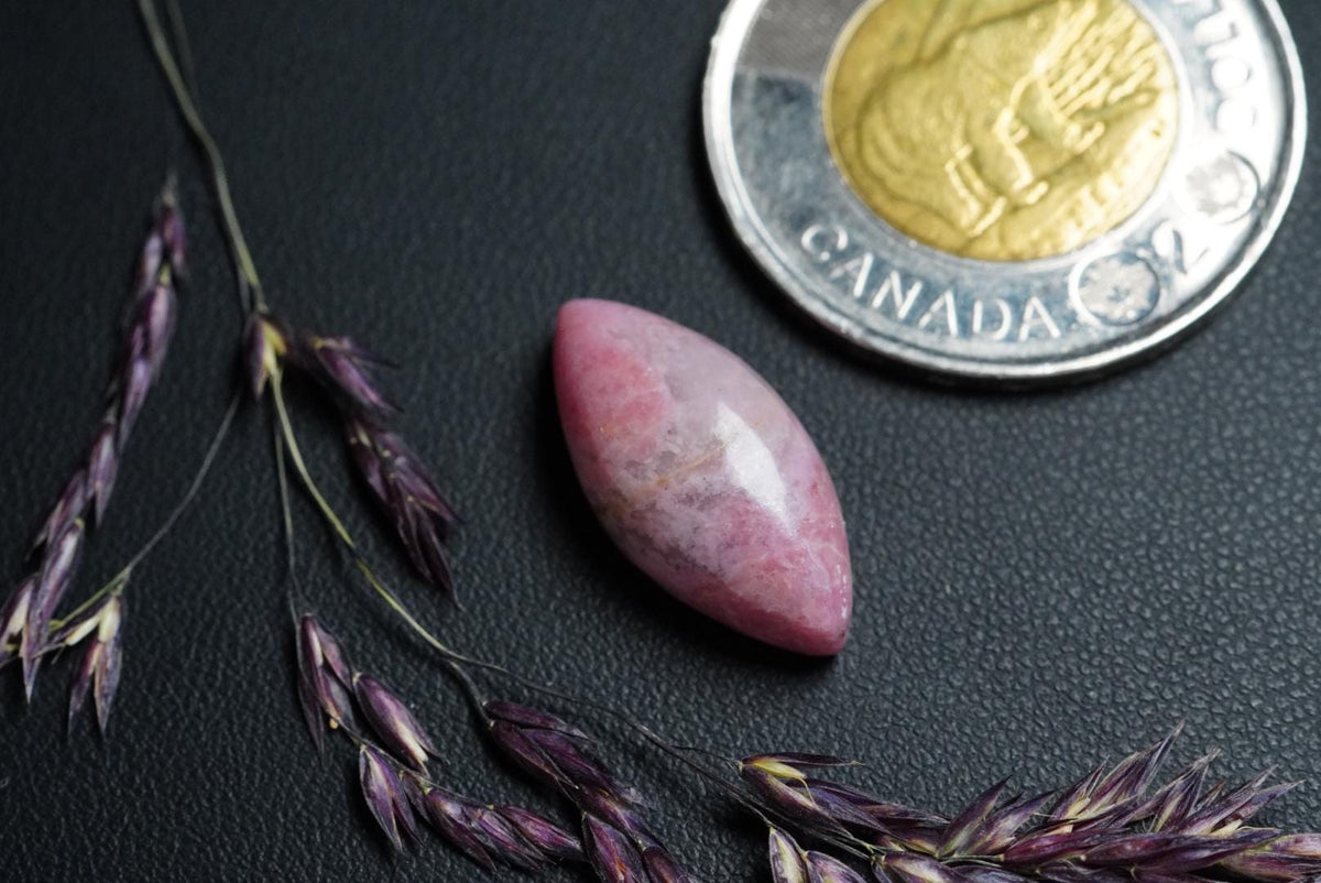 Rhodonite Cabochon, 21 x 10 mm, Handmade Marquise, from British Columbia, Canada