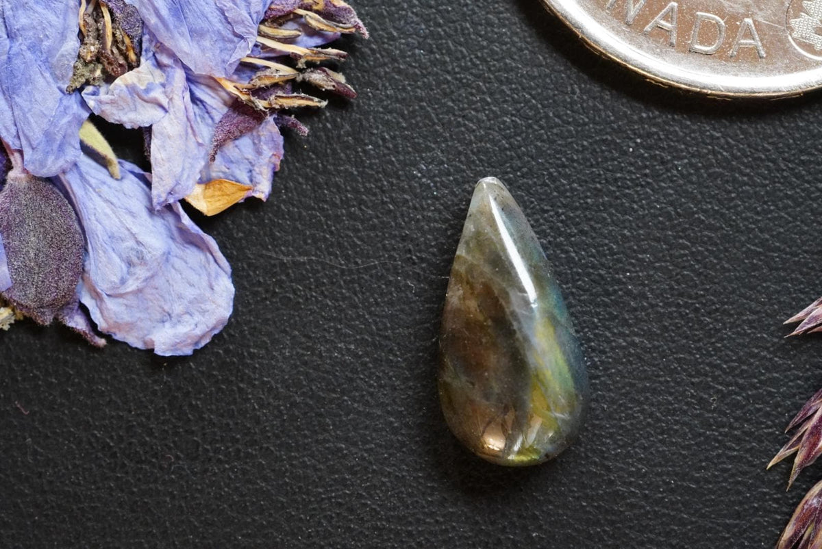 Labradorite Cabochon, 15 x 8 mm, Handmade Pear, from Newfoundland and Labrador, Canada