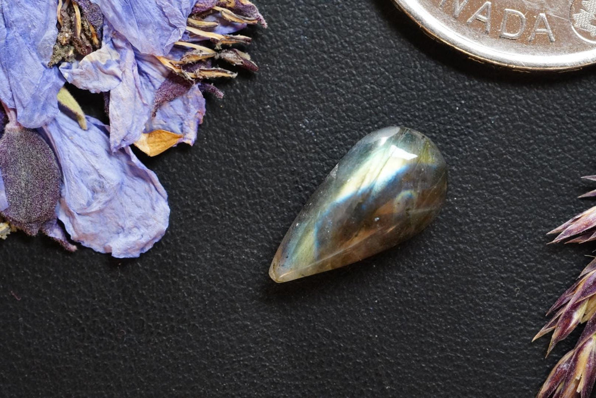 Labradorite Cabochon, 15 x 8 mm, Handmade Pear, from Newfoundland and Labrador, Canada