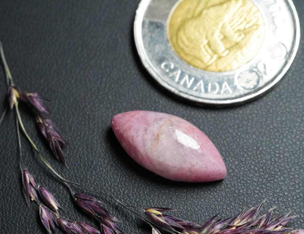 Rhodonite Cabochon, 21 x 10 mm, Handmade Marquise, from British Columbia, Canada