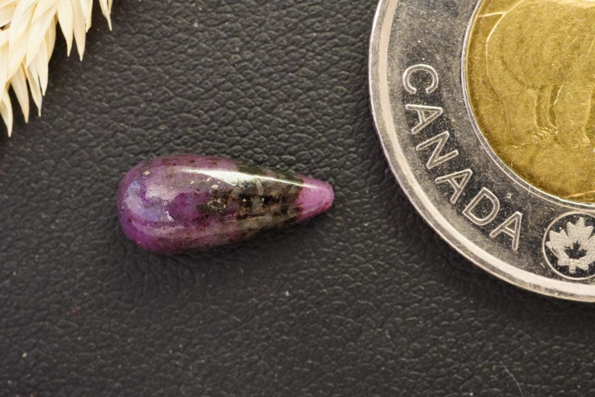 Corundum-Sapphire Cabochon, 13 x 6 mm, Handmade Pear, from Newfoundland and Labrador, Canada