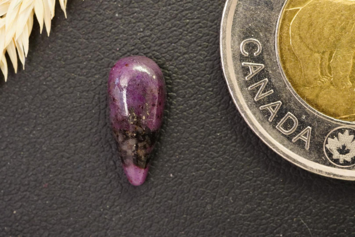 Corundum-Sapphire Cabochon, 13 x 6 mm, Handmade Pear, from Newfoundland and Labrador, Canada