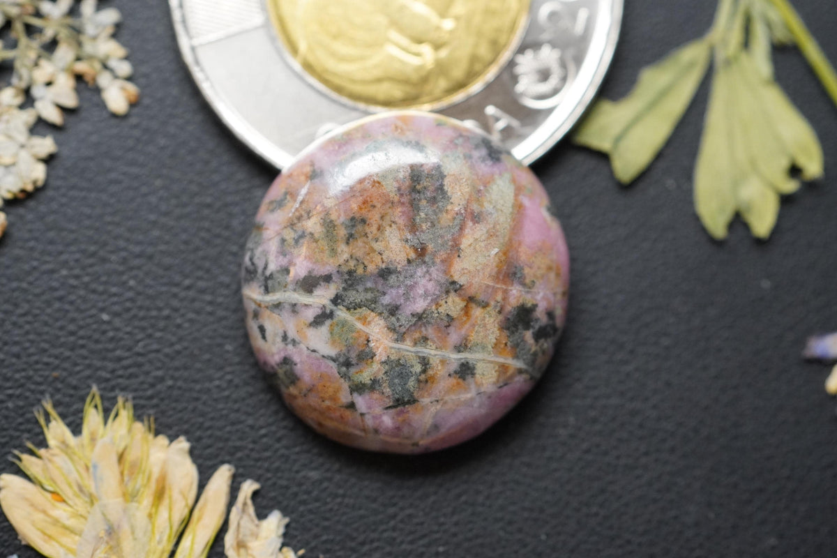 Rhodonite Cabochon, 20 x 5 mm, Handmade Round, from British Columbia, Canada