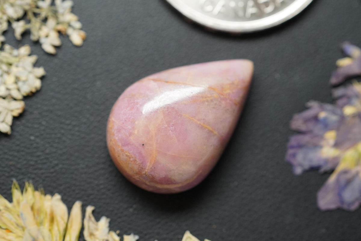 Rhodonite Cabochon, 24 x 16 mm, Handmade Pear, from British Columbia, Canada