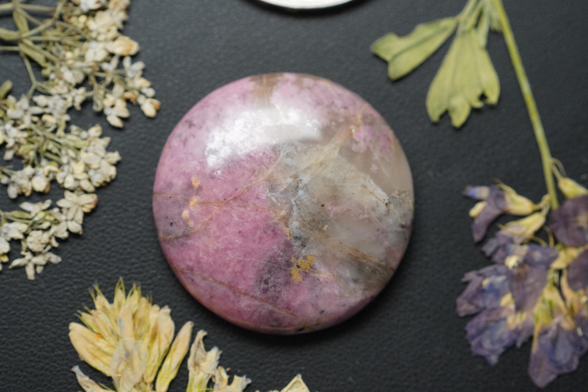 Rhodonite Cabochon, 30 x 6.5 mm, Handmade Round, from British Columbia, Canada