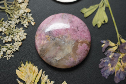 Rhodonite Cabochon, 30 x 6.5 mm, Handmade Round, from British Columbia, Canada
