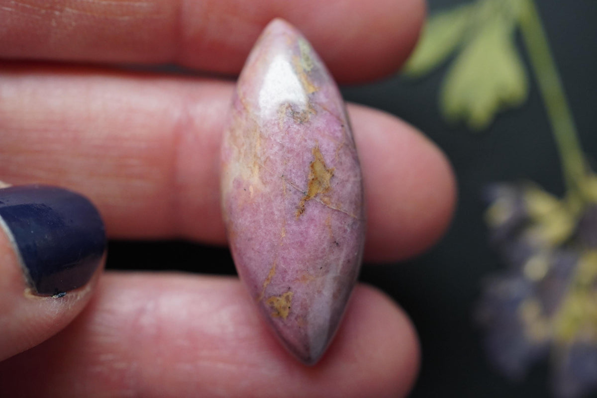 Rhodonite Cabochon, 32 x 14 mm, Handmade Marquise, from British Columbia, Canada