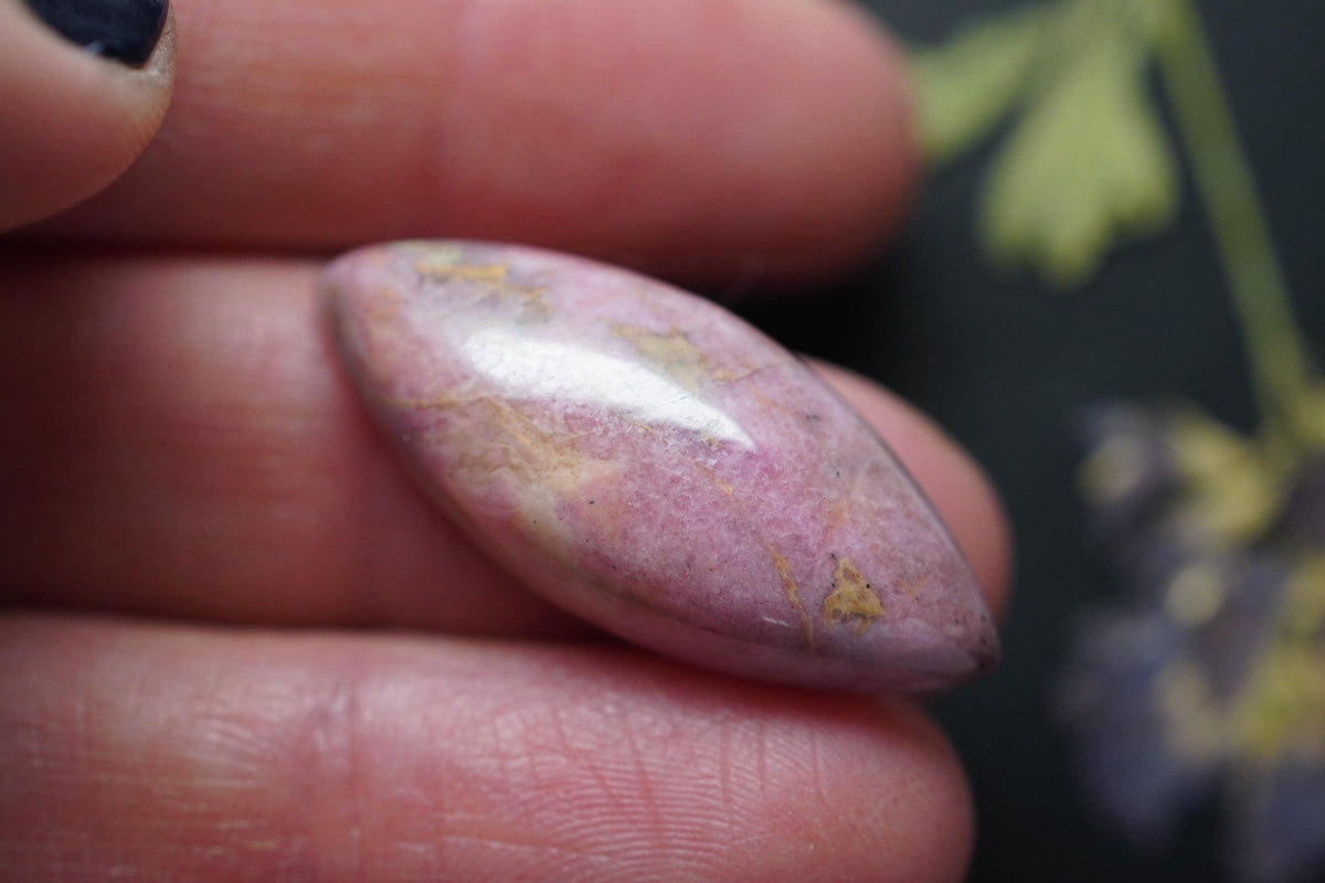 Rhodonite Cabochon, 32 x 14 mm, Handmade Marquise, from British Columbia, Canada