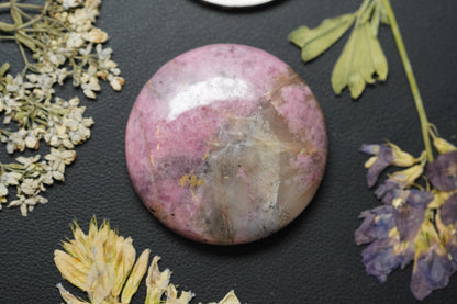 Rhodonite Cabochon, 30 x 6.5 mm, Handmade Round, from British Columbia, Canada