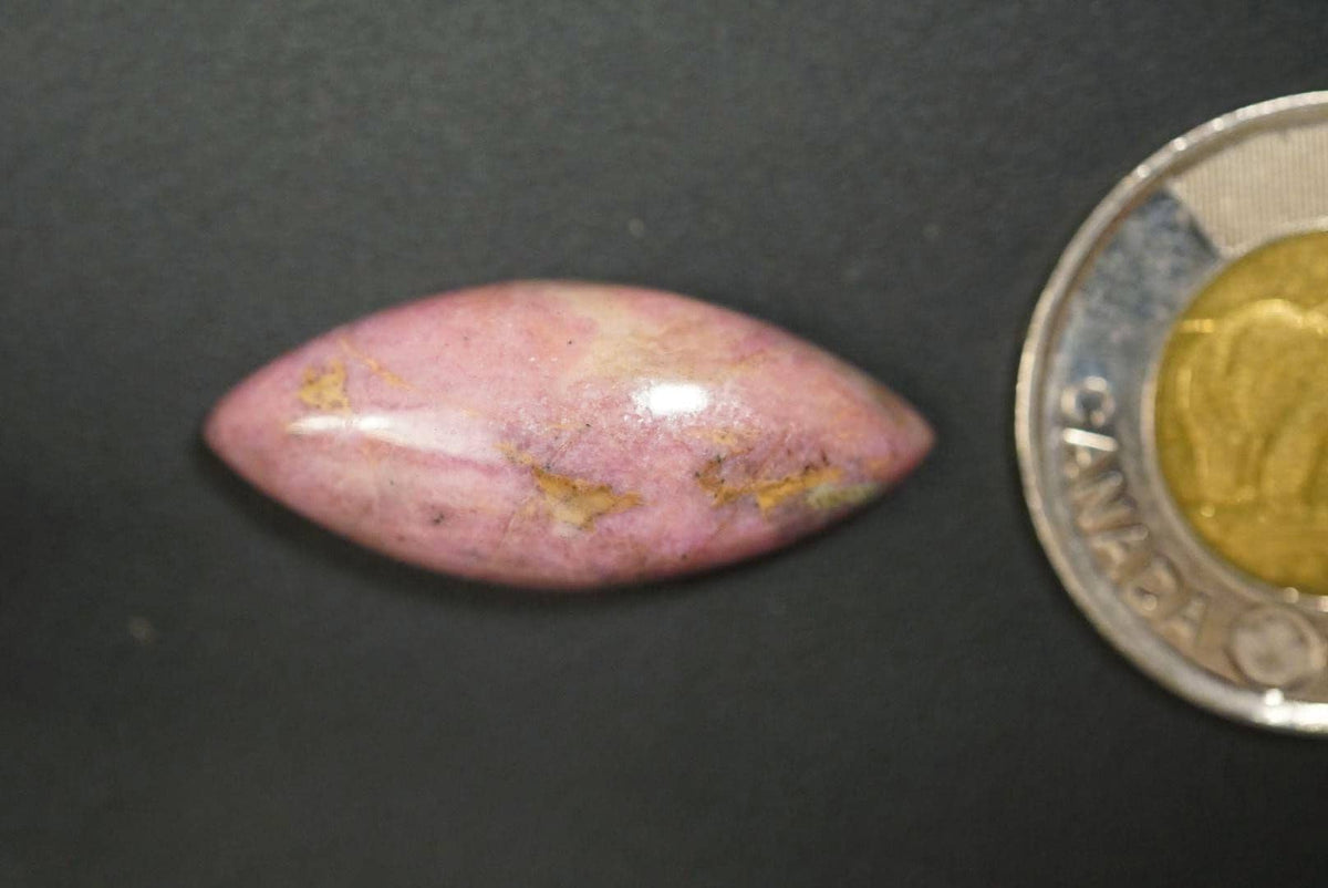 Rhodonite Cabochon, 32 x 14 mm, Handmade Marquise, from British Columbia, Canada