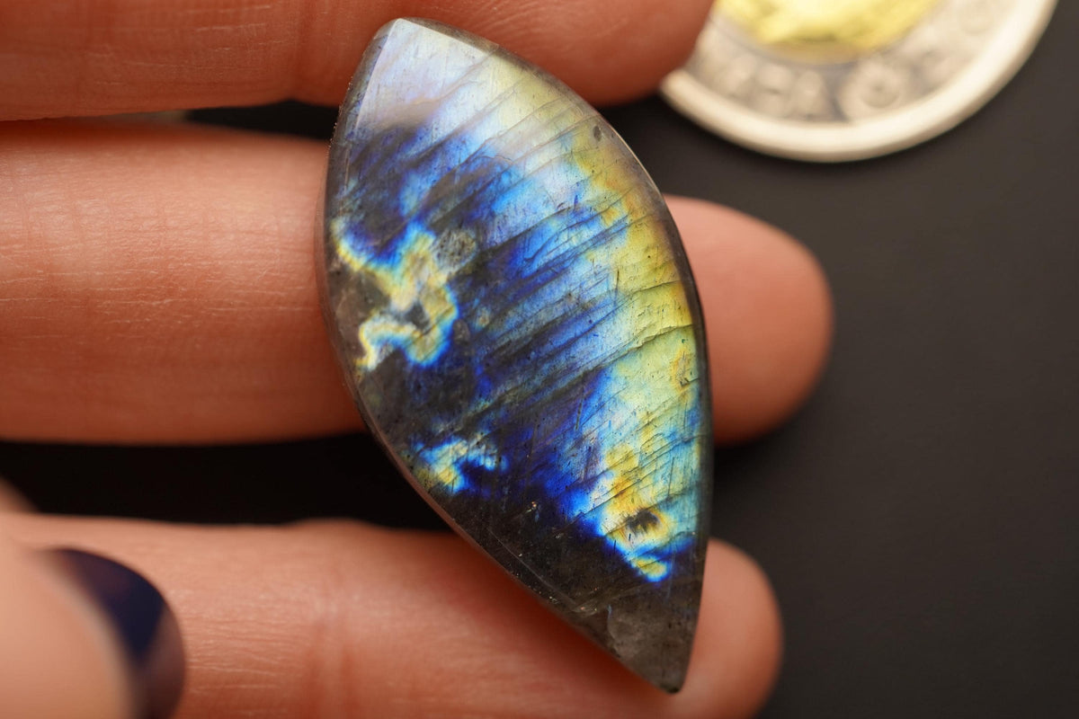 Labradorite Cabochon, 38 x 19 mm, Handmade Marquise-Navette, from Newfoundland and Labrador, Canada
