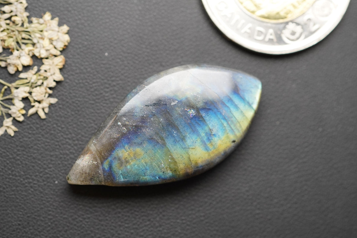 Labradorite Cabochon, 38 x 19 mm, Handmade Marquise-Navette, from Newfoundland and Labrador, Canada